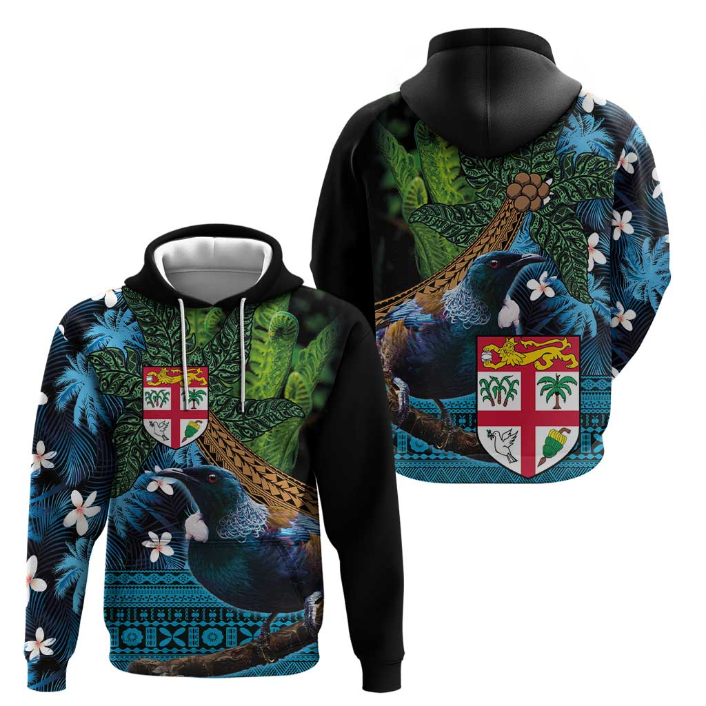 Fiji and New Zealand Tui Bird Zip Hoodie Koru Fern Leafs and Palm Tree With Plumeria LT03 - Polynesian Pride