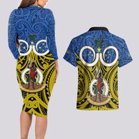 Vanuatu Tafea Province Couples Matching Long Sleeve Bodycon Dress and Hawaiian Shirt Pig Tusk Mix Maori Pattern and Namele Leaf LT03 - Polynesian Pride