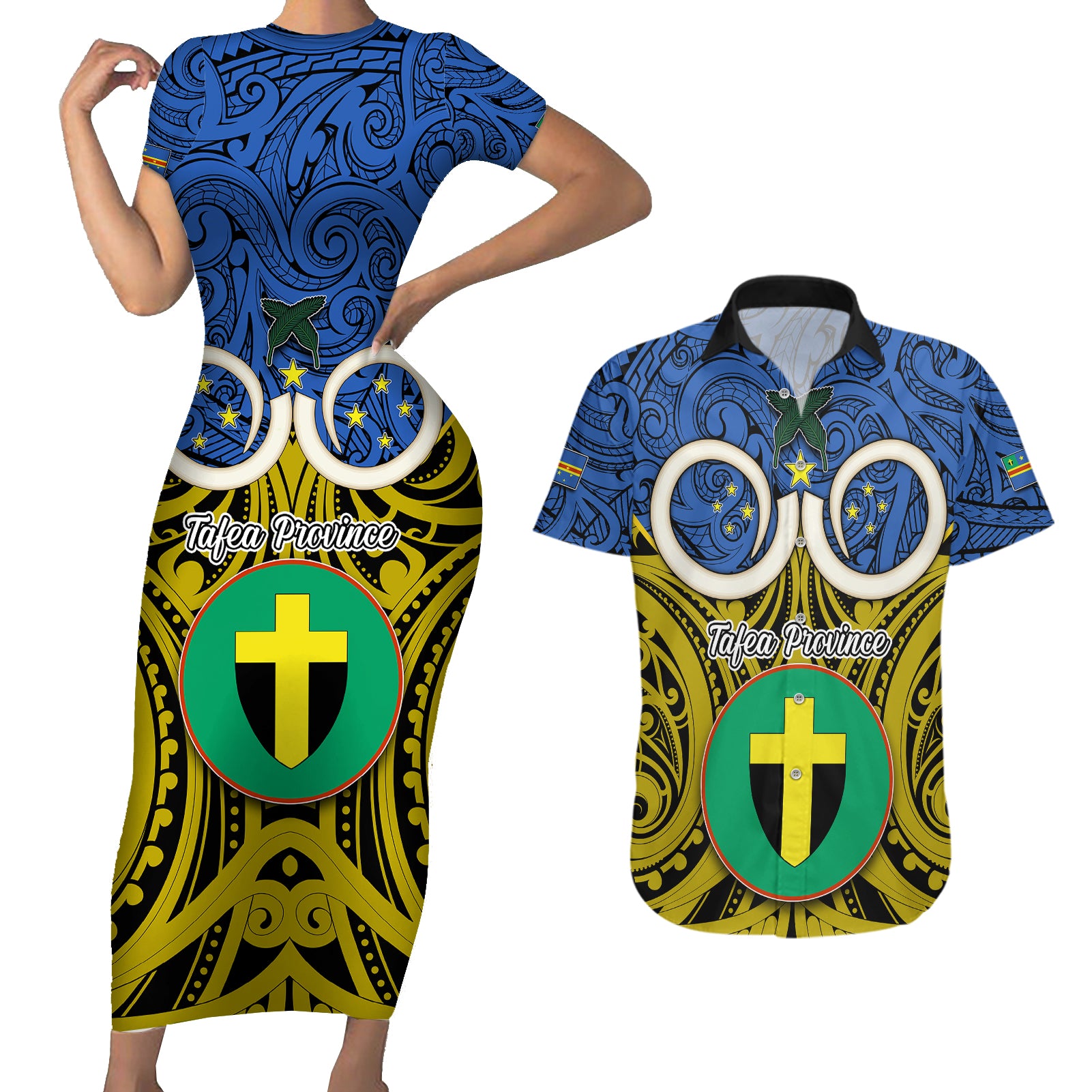 Vanuatu Tafea Province Couples Matching Short Sleeve Bodycon Dress and Hawaiian Shirt Pig Tusk Mix Maori Pattern and Namele Leaf LT03 Blue - Polynesian Pride