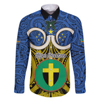 Vanuatu Tafea Province Family Matching Off Shoulder Long Sleeve Dress and Hawaiian Shirt Pig Tusk Mix Maori Pattern and Namele Leaf LT03 Dad's Shirt - Long Sleeve Blue - Polynesian Pride