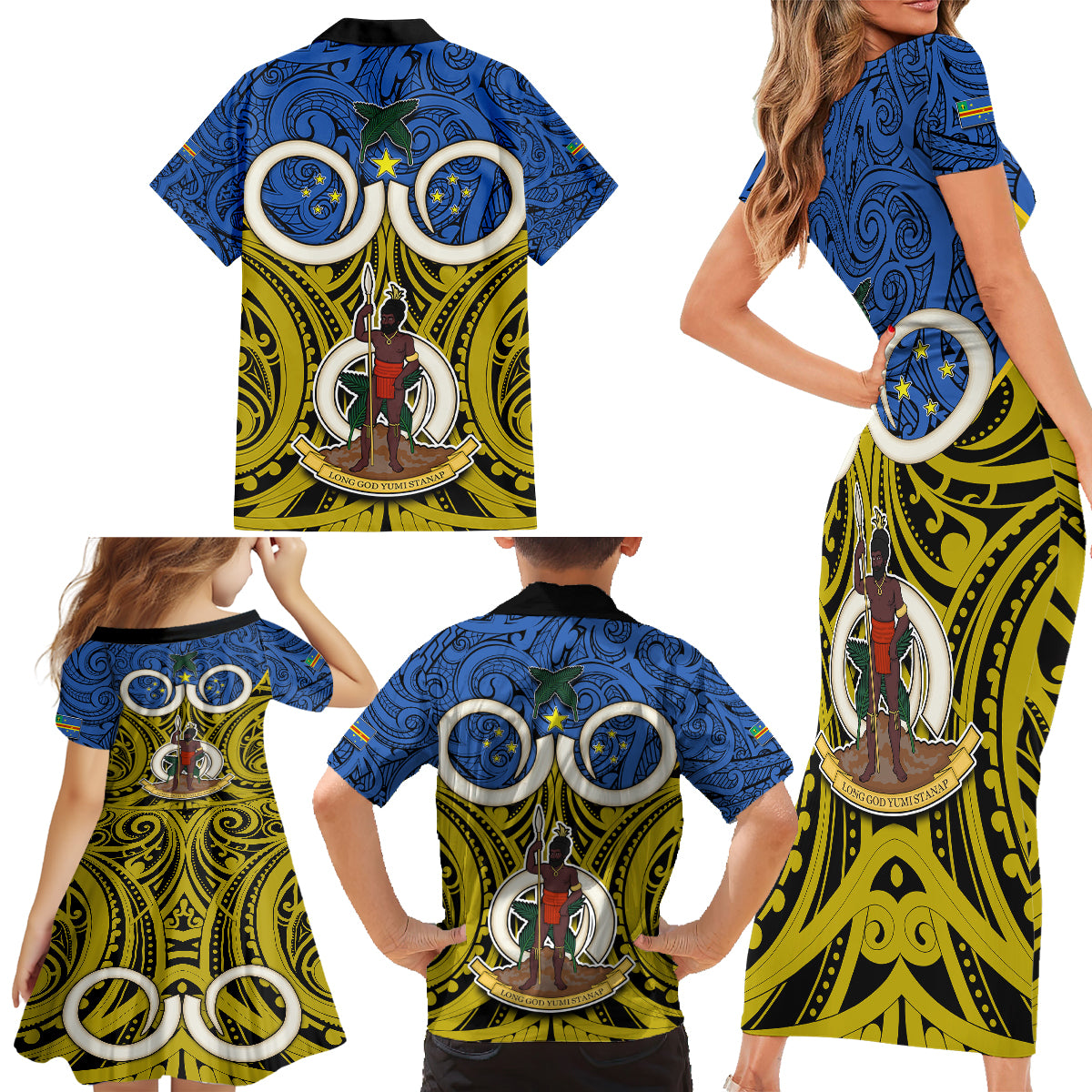 Vanuatu Tafea Province Family Matching Short Sleeve Bodycon Dress and Hawaiian Shirt Pig Tusk Mix Maori Pattern and Namele Leaf LT03 - Polynesian Pride