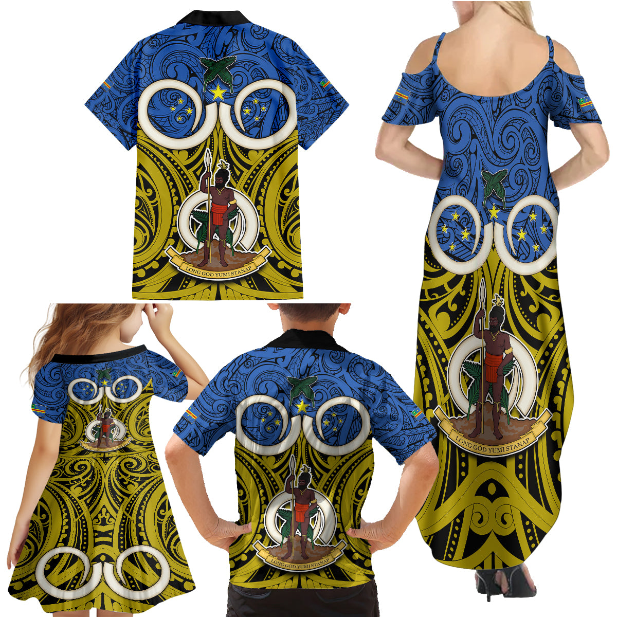 Vanuatu Tafea Province Family Matching Summer Maxi Dress and Hawaiian Shirt Pig Tusk Mix Maori Pattern and Namele Leaf LT03 - Polynesian Pride