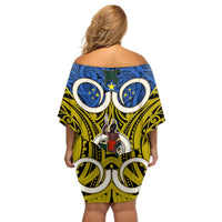 Vanuatu Tafea Province Off Shoulder Short Dress Pig Tusk Mix Maori Pattern and Namele Leaf LT03 - Polynesian Pride