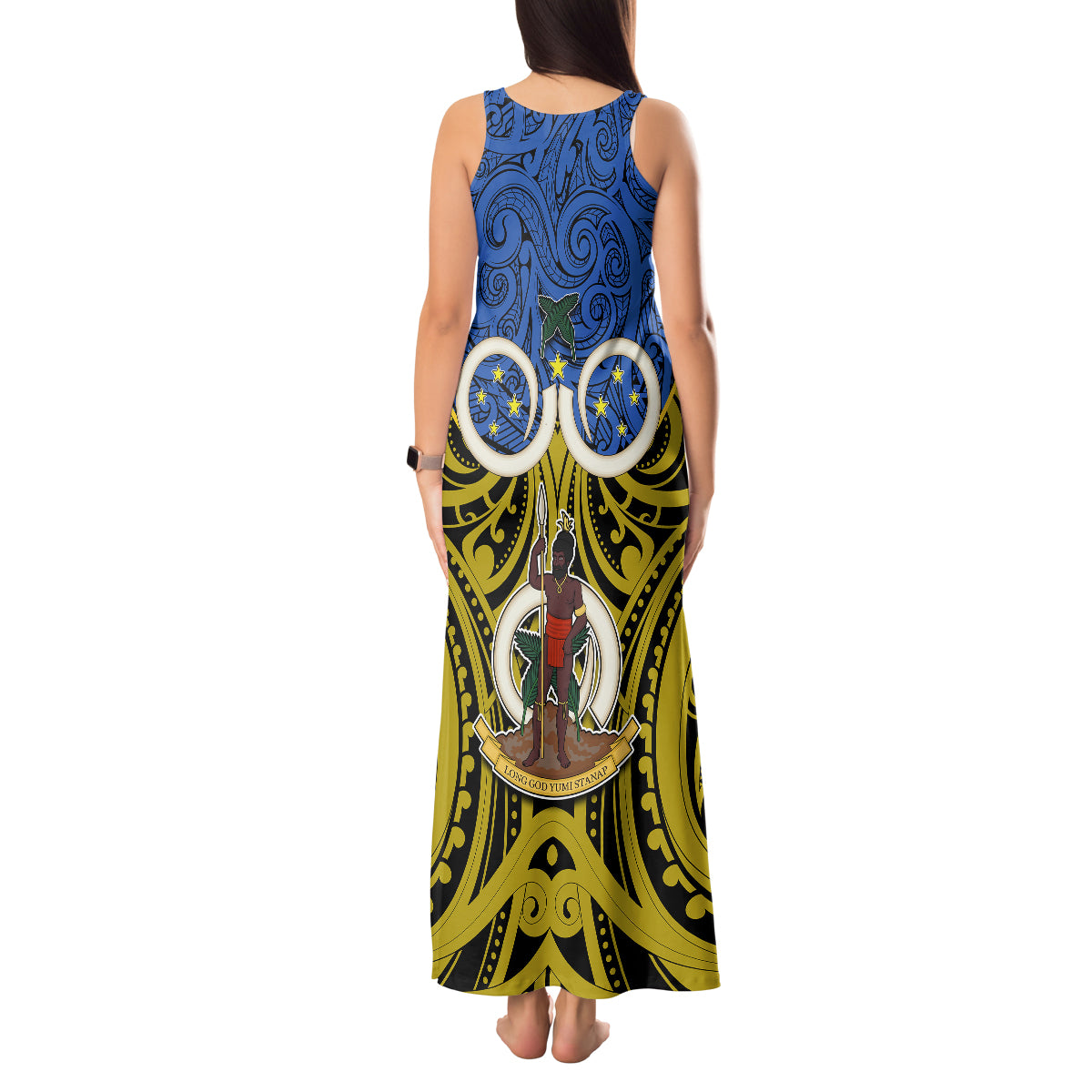 Vanuatu Tafea Province Tank Maxi Dress Pig Tusk Mix Maori Pattern and Namele Leaf LT03 - Polynesian Pride