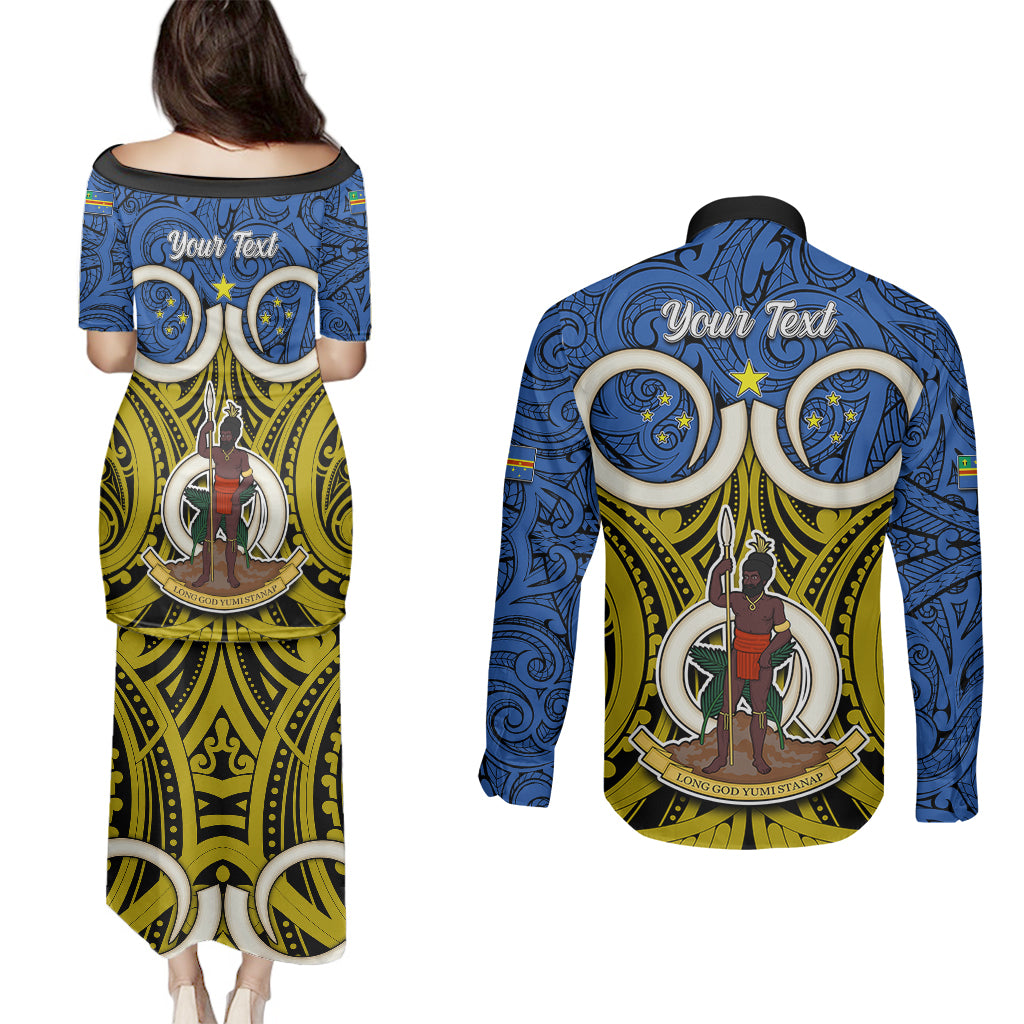 Personalised Vanuatu Tafea Province Couples Matching Puletasi Dress and Long Sleeve Button Shirts Pig Tusk Mix Maori Pattern and Namele Leaf LT03 - Polynesian Pride