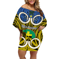 Personalised Vanuatu Tafea Province Family Matching Off Shoulder Short Dress and Hawaiian Shirt Pig Tusk Mix Maori Pattern and Namele Leaf LT03 Mom's Dress Blue - Polynesian Pride