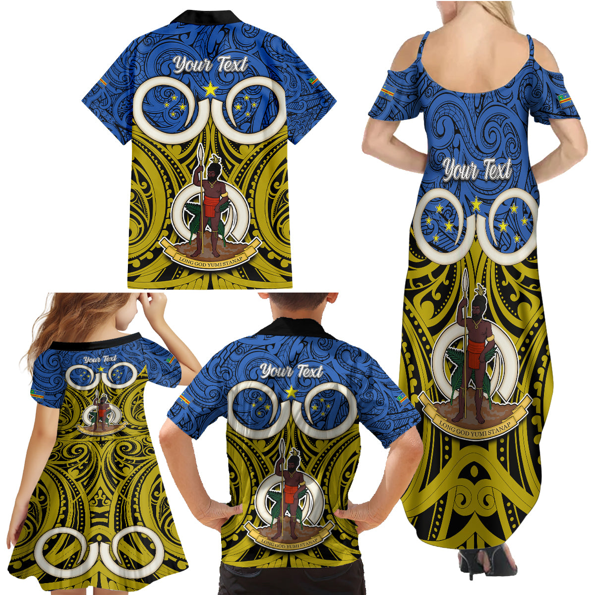 Personalised Vanuatu Tafea Province Family Matching Summer Maxi Dress and Hawaiian Shirt Pig Tusk Mix Maori Pattern and Namele Leaf LT03 - Polynesian Pride