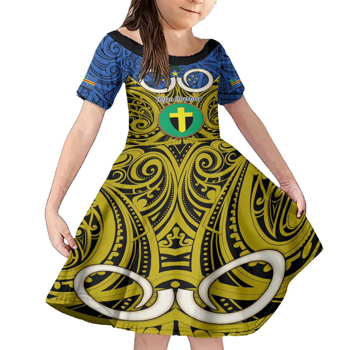 Personalised Vanuatu Tafea Province Kid Short Sleeve Dress Pig Tusk Mix Maori Pattern and Namele Leaf LT03 KID Blue - Polynesian Pride