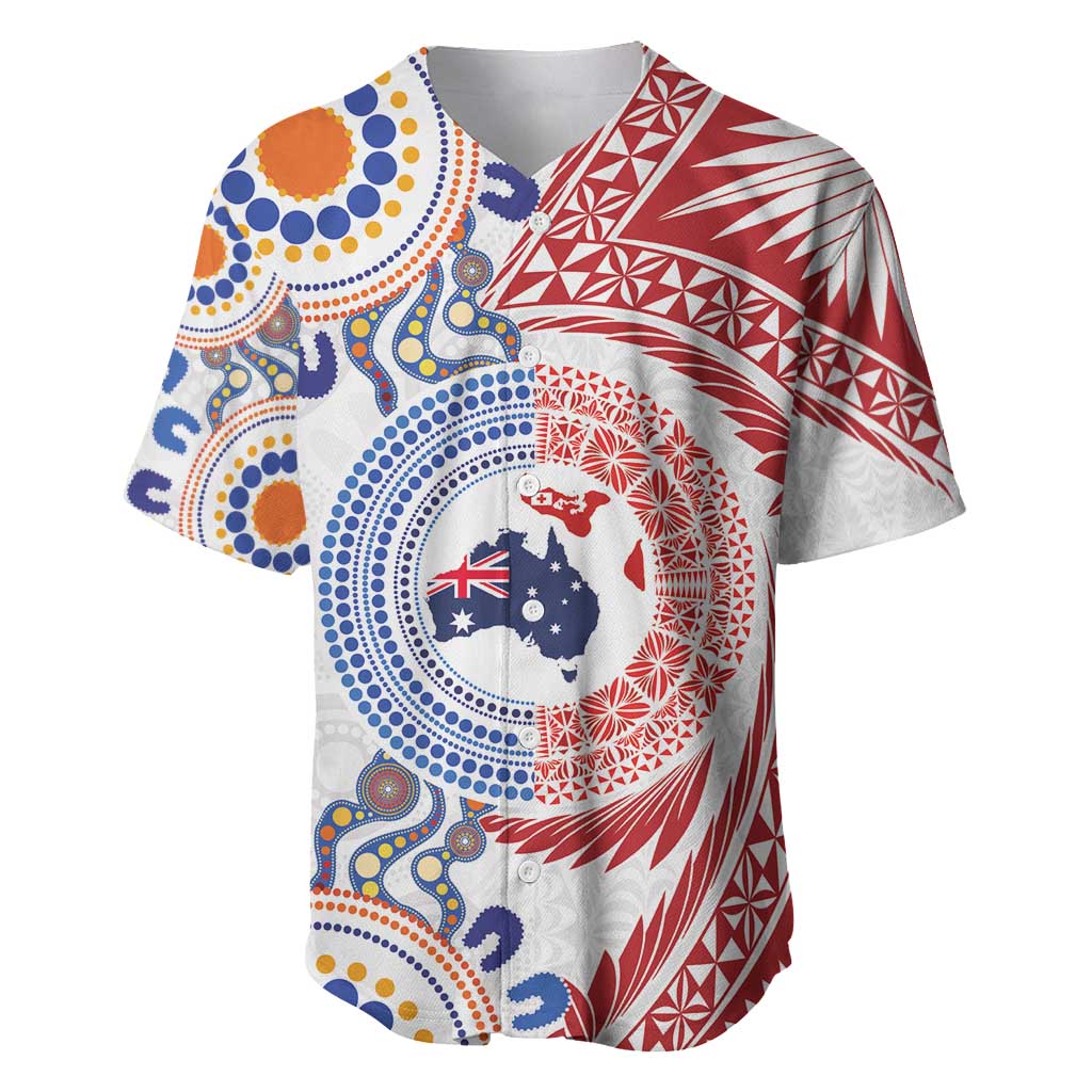 Tongan and Australian Culture Together Baseball Jersey Ngatu Art Tribal Aboriginal Tattoo Pattern - Polynesian Pride