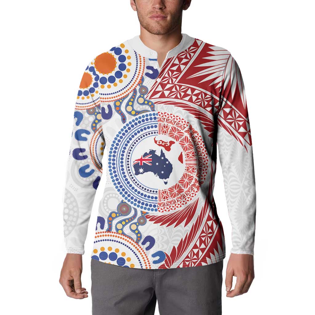 Tongan and Australian Culture Together Button Sweatshirt Ngatu Art Tribal Aboriginal Tattoo Pattern - Polynesian Pride