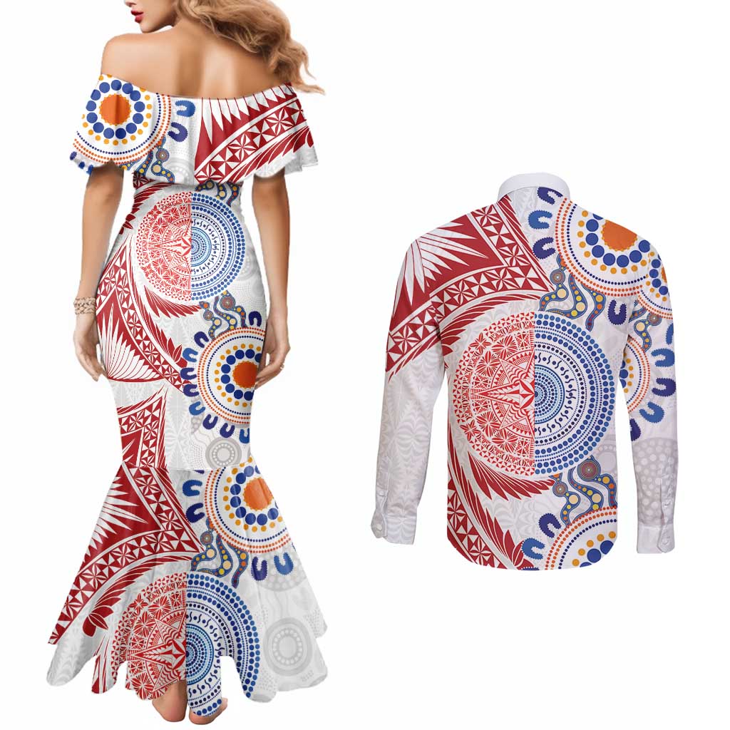 Tongan and Australian Culture Together Couples Matching Mermaid Dress and Long Sleeve Button Shirt Ngatu Art Tribal Aboriginal Tattoo Pattern - Polynesian Pride