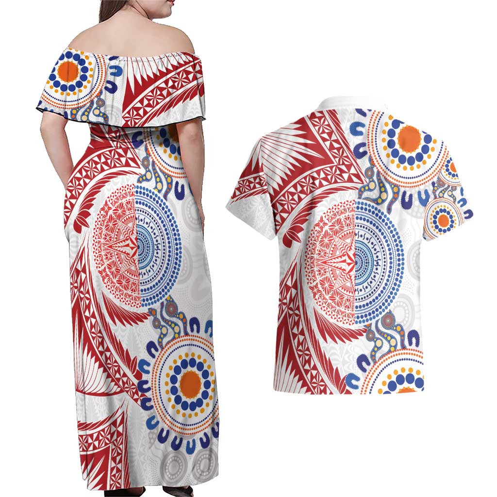 Tongan and Australian Culture Together Couples Matching Off Shoulder Maxi Dress and Hawaiian Shirt Ngatu Art Tribal Aboriginal Tattoo Pattern - Polynesian Pride