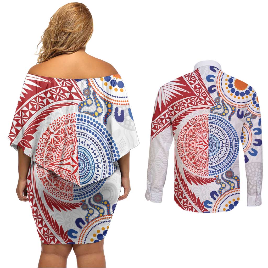 Tongan and Australian Culture Together Couples Matching Off Shoulder Short Dress and Long Sleeve Button Shirt Ngatu Art Tribal Aboriginal Tattoo Pattern - Polynesian Pride