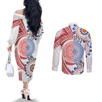 Tongan and Australian Culture Together Couples Matching Off The Shoulder Long Sleeve Dress and Long Sleeve Button Shirt Ngatu Art Tribal Aboriginal Tattoo Pattern - Polynesian Pride