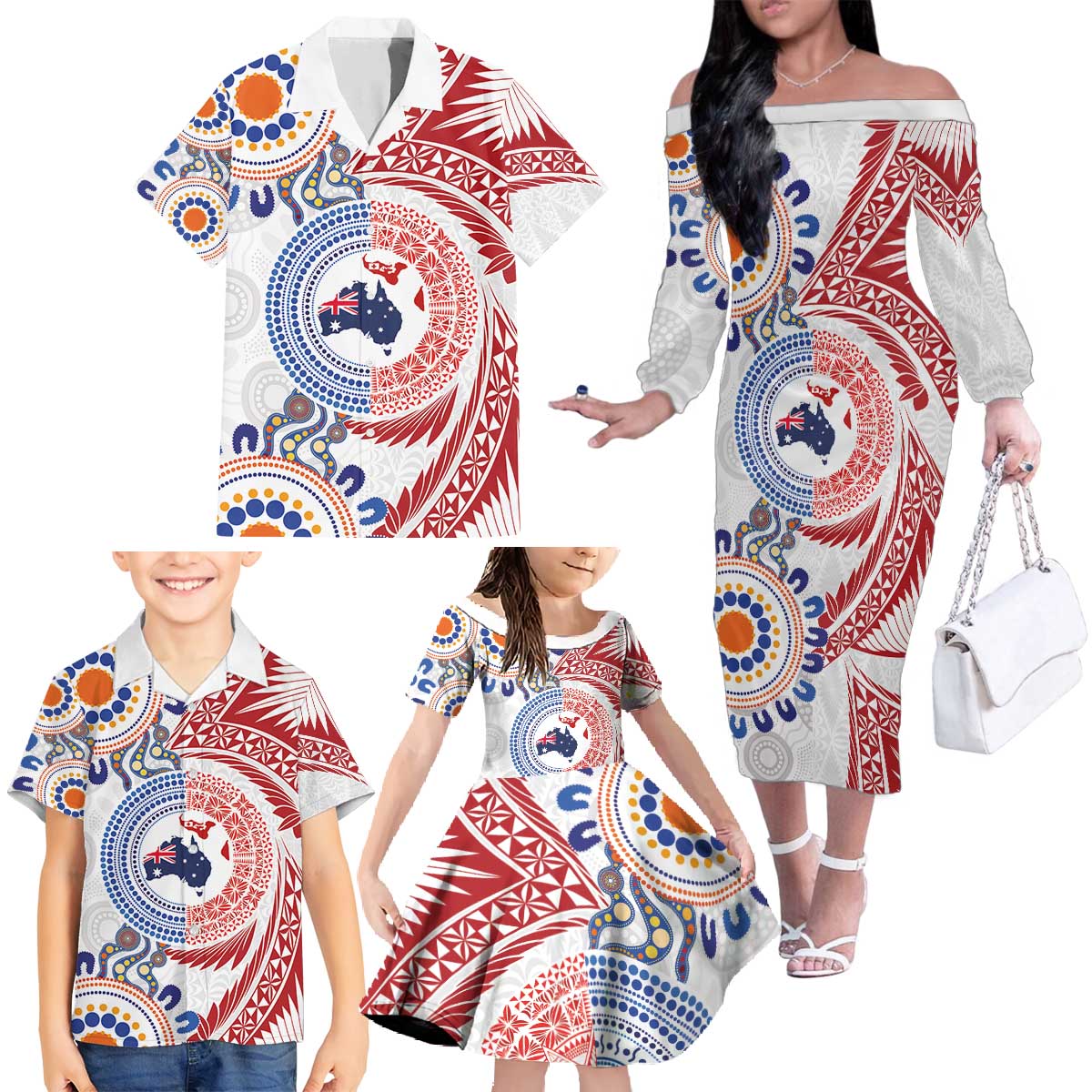 Tongan and Australian Culture Together Family Matching Off The Shoulder Long Sleeve Dress and Hawaiian Shirt Ngatu Art Tribal Aboriginal Tattoo Pattern - Polynesian Pride