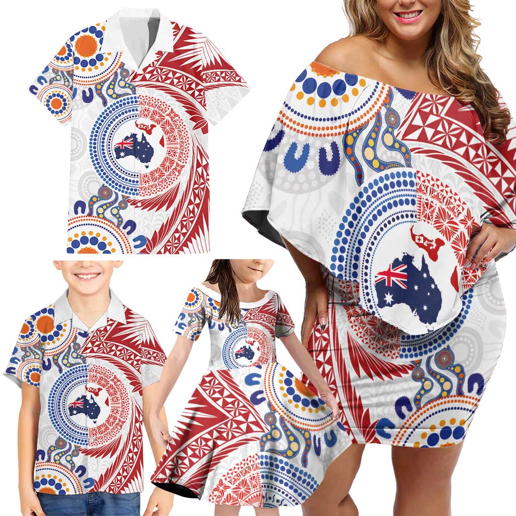 Tongan and Australian Culture Together Family Matching Off Shoulder Short Dress and Hawaiian Shirt Ngatu Art Tribal Aboriginal Tattoo Pattern - Polynesian Pride