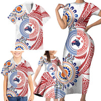 Tongan and Australian Culture Together Family Matching Short Sleeve Bodycon Dress and Hawaiian Shirt Ngatu Art Tribal Aboriginal Tattoo Pattern - Polynesian Pride