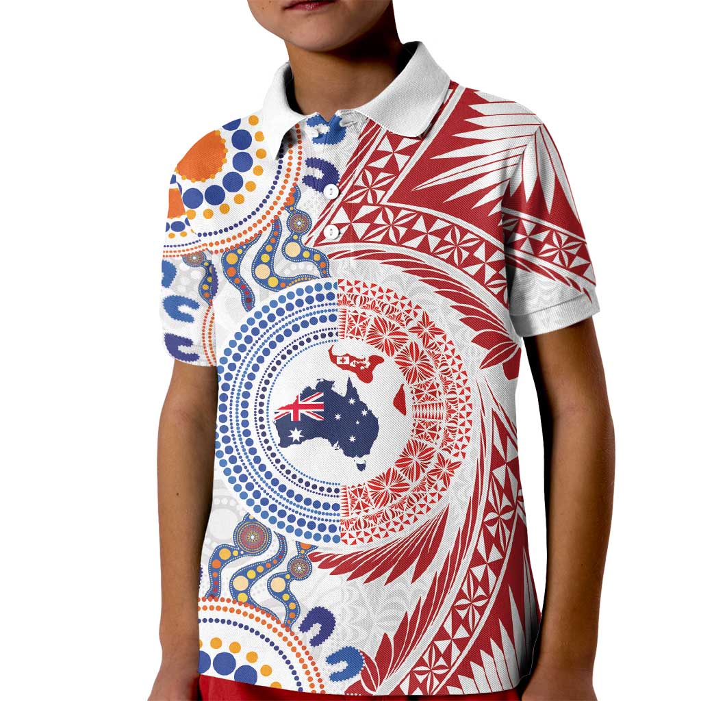 Tongan and Australian Culture Together Kid Polo Shirt Ngatu Art Tribal Aboriginal Tattoo Pattern - Polynesian Pride
