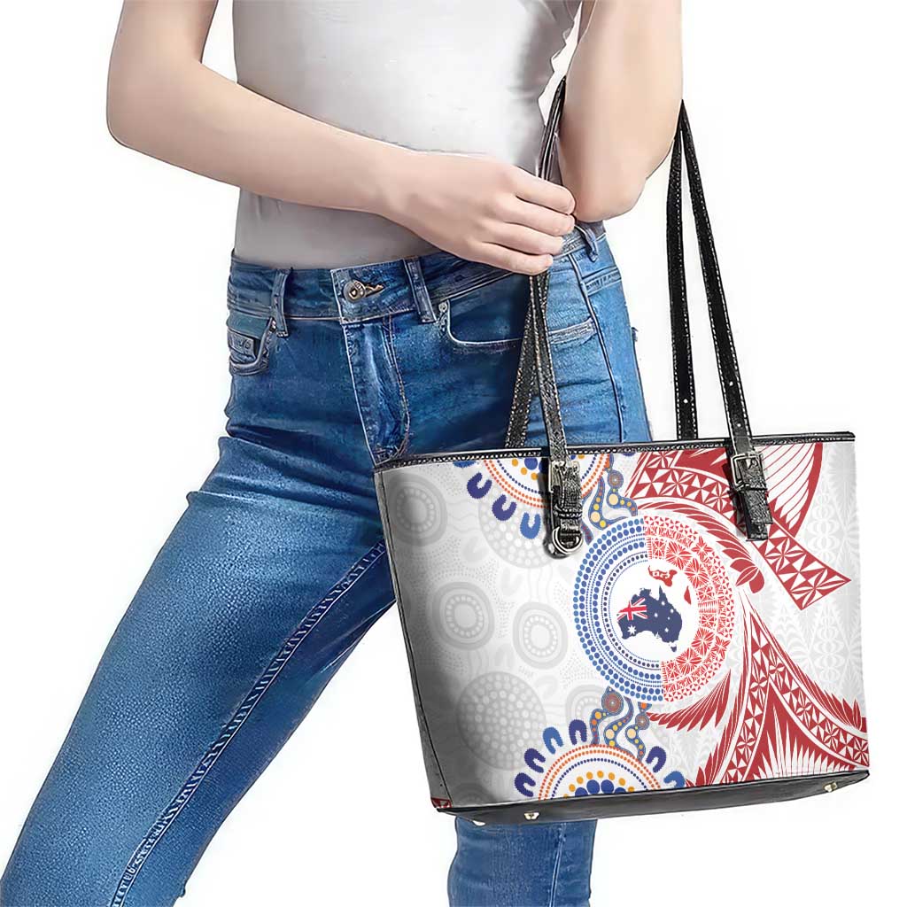 Tongan and Australian Culture Together Leather Tote Bag Ngatu Art Tribal Aboriginal Tattoo Pattern - Polynesian Pride
