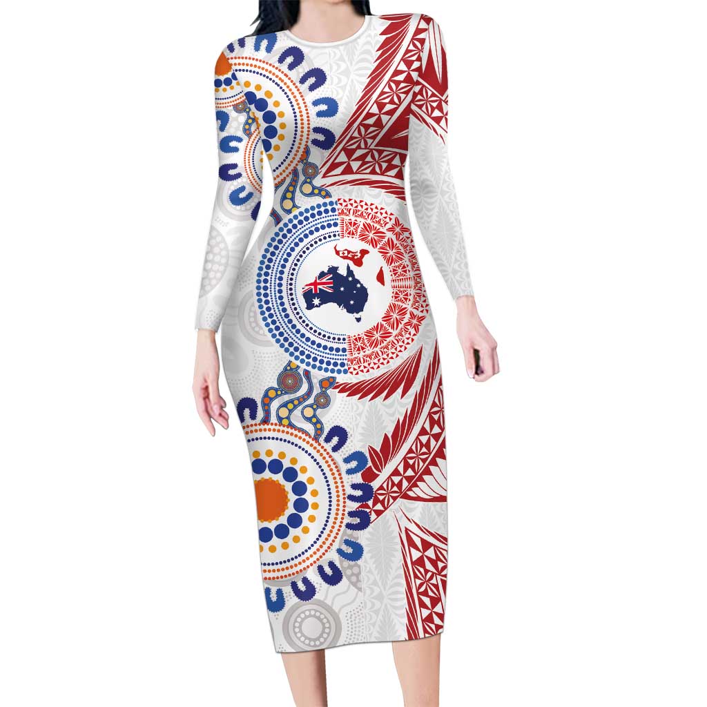 Tongan and Australian Culture Together Long Sleeve Bodycon Dress Ngatu Art Tribal Aboriginal Tattoo Pattern - Polynesian Pride