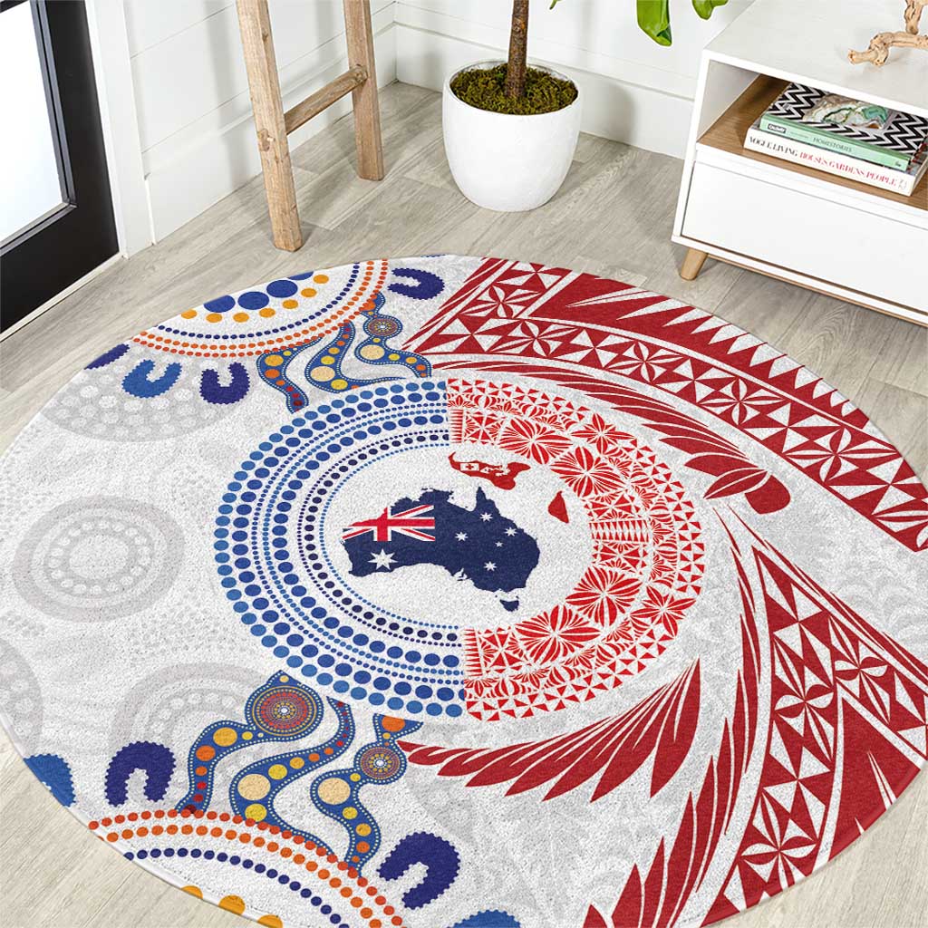 Tongan and Australian Culture Together Round Carpet Ngatu Art Tribal Aboriginal Tattoo Pattern - Polynesian Pride