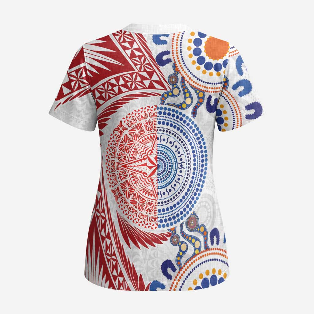 Tongan and Australian Culture Together Scrub Top Ngatu Art Tribal Aboriginal Tattoo Pattern - Polynesian Pride