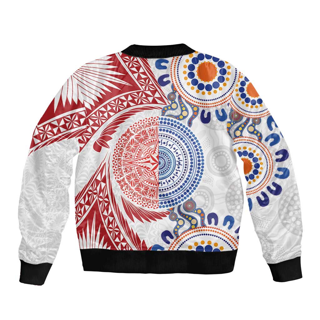 Tongan and Australian Culture Together Sleeve Zip Bomber Jacket Ngatu Art Tribal Aboriginal Tattoo Pattern - Polynesian Pride