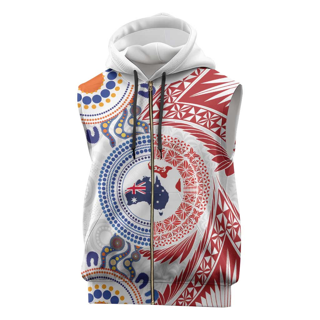 Tongan and Australian Culture Together Sleeveless Zip Hoodie Ngatu Art Tribal Aboriginal Tattoo Pattern - Polynesian Pride