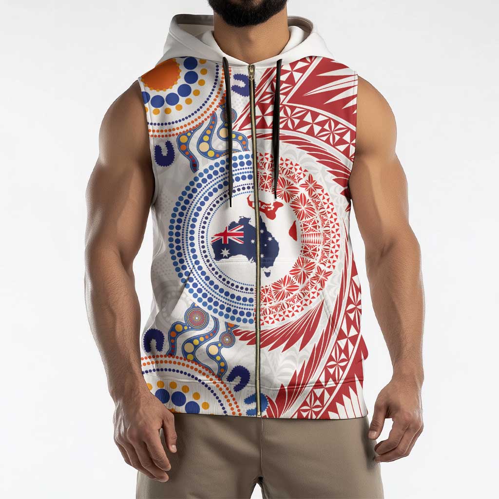Tongan and Australian Culture Together Sleeveless Zip Hoodie Ngatu Art Tribal Aboriginal Tattoo Pattern - Polynesian Pride
