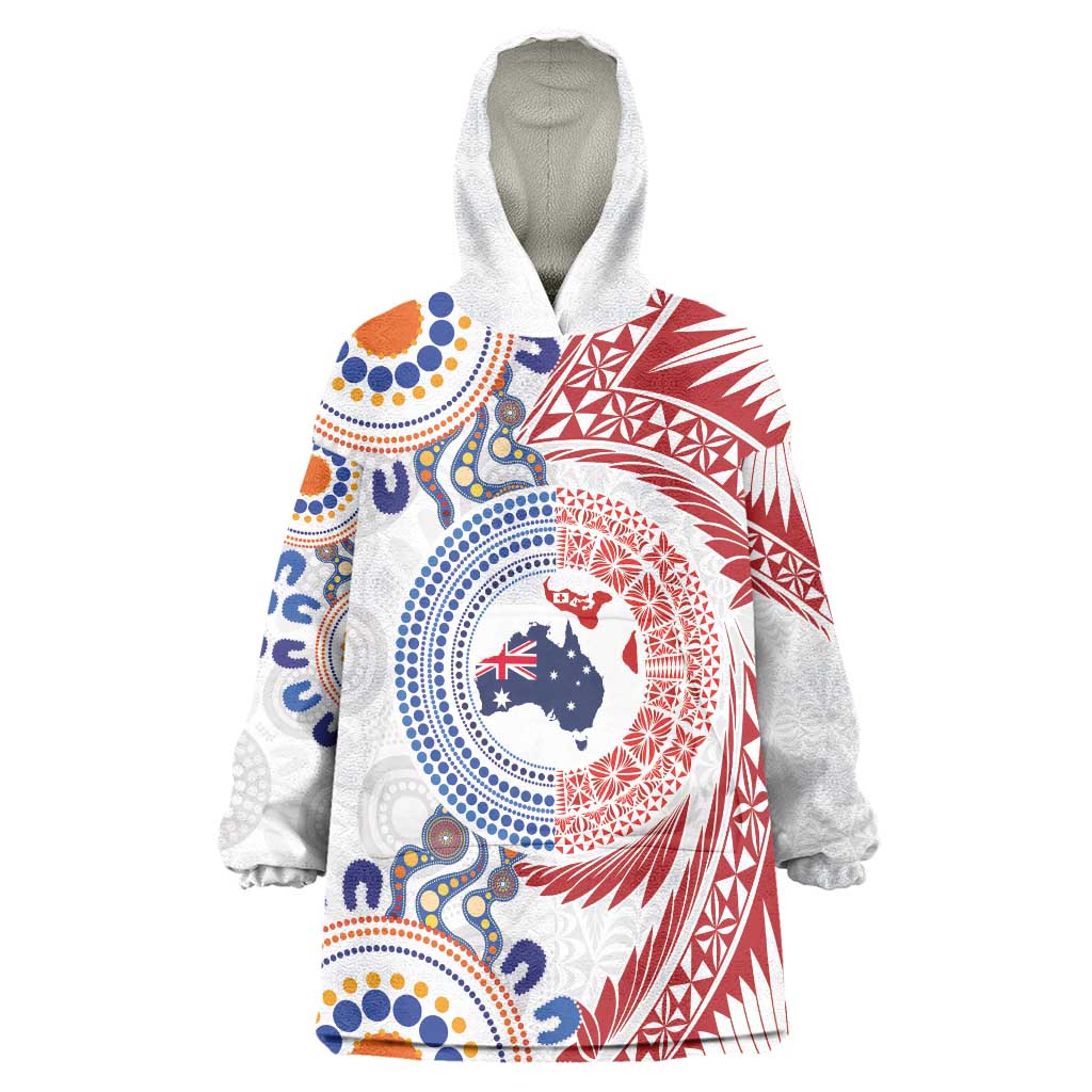 Tongan and Australian Culture Together Wearable Blanket Hoodie Ngatu Art Tribal Aboriginal Tattoo Pattern - Polynesian Pride