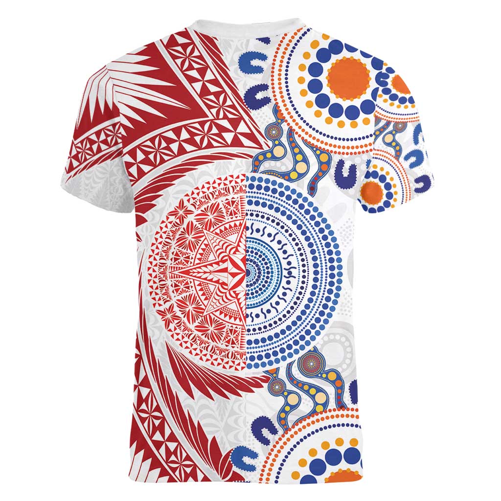 Tongan and Australian Culture Together Women V-Neck T-Shirt Ngatu Art Tribal Aboriginal Tattoo Pattern - Polynesian Pride