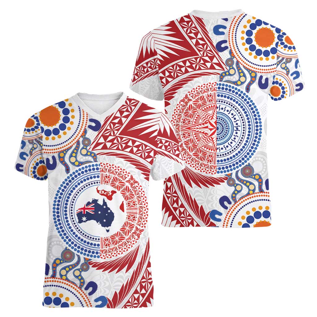 Tongan and Australian Culture Together Women V-Neck T-Shirt Ngatu Art Tribal Aboriginal Tattoo Pattern - Polynesian Pride