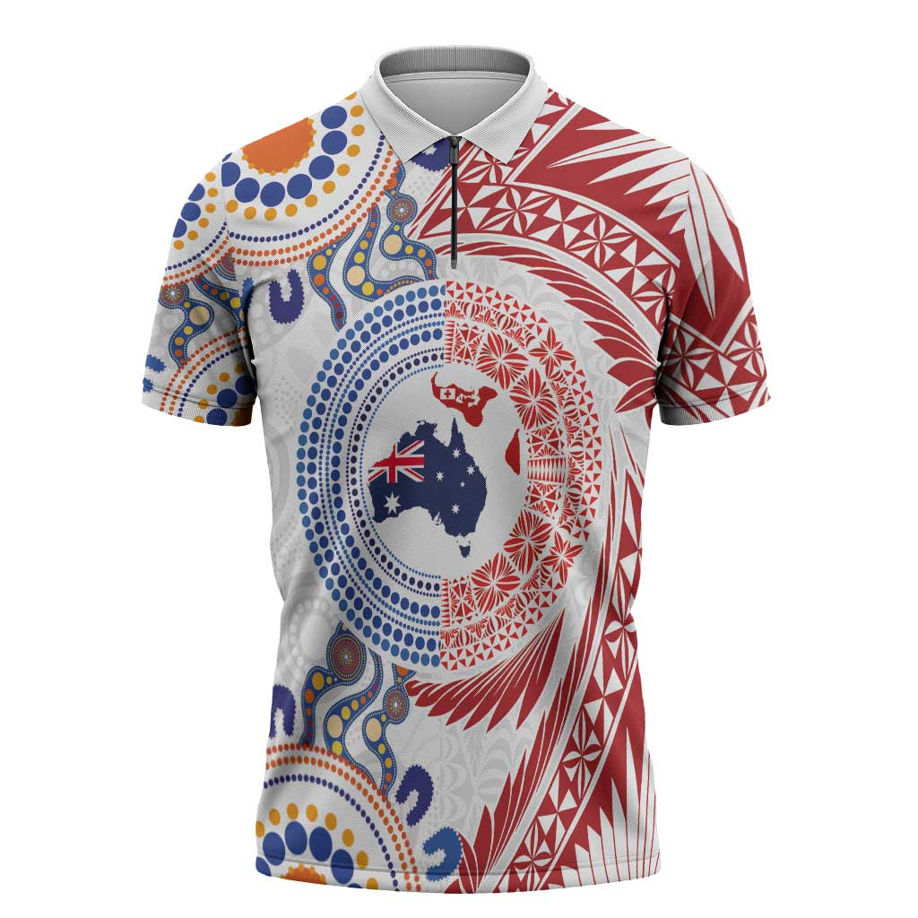 Tongan and Australian Culture Together Zipper Polo Shirt Ngatu Art Tribal Aboriginal Tattoo Pattern - Polynesian Pride