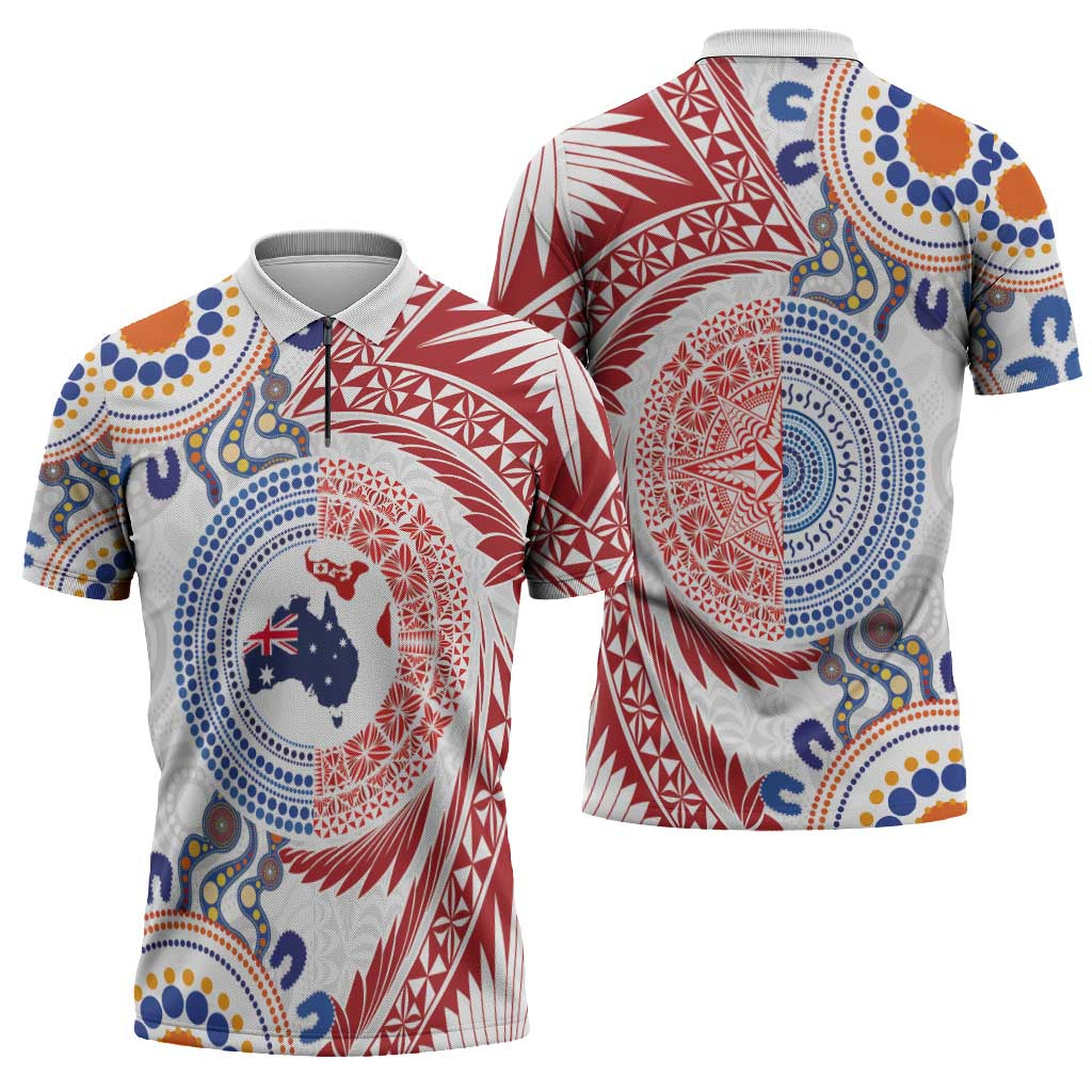 Tongan and Australian Culture Together Zipper Polo Shirt Ngatu Art Tribal Aboriginal Tattoo Pattern - Polynesian Pride