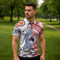 Tongan and Australian Culture Together Zipper Polo Shirt Ngatu Art Tribal Aboriginal Tattoo Pattern - Polynesian Pride
