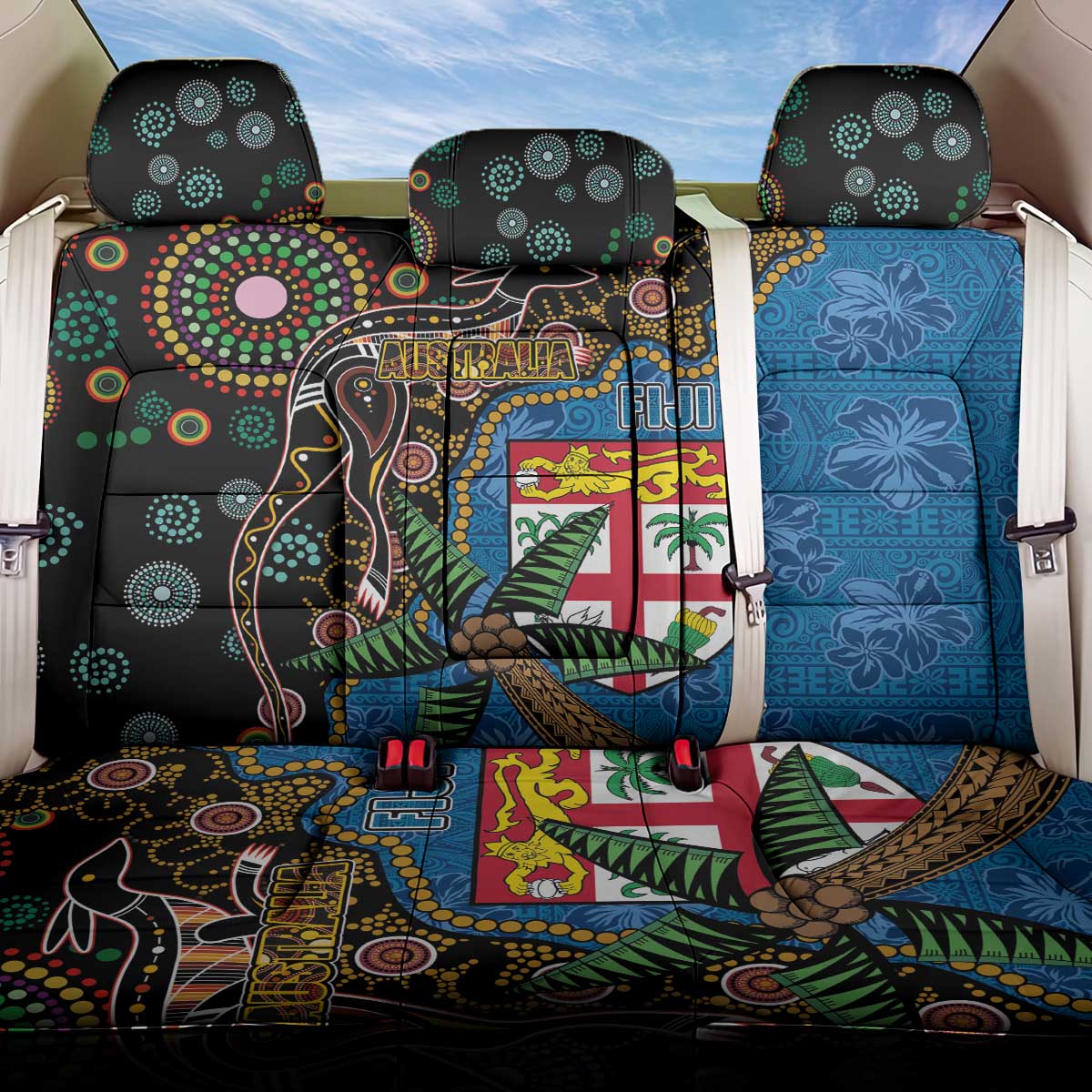 Fijian and Australian Culture Together Back Car Seat Cover Aboriginal Art and Tapa Motifs with Kangaroo and Palm Tree - Polynesian Pride