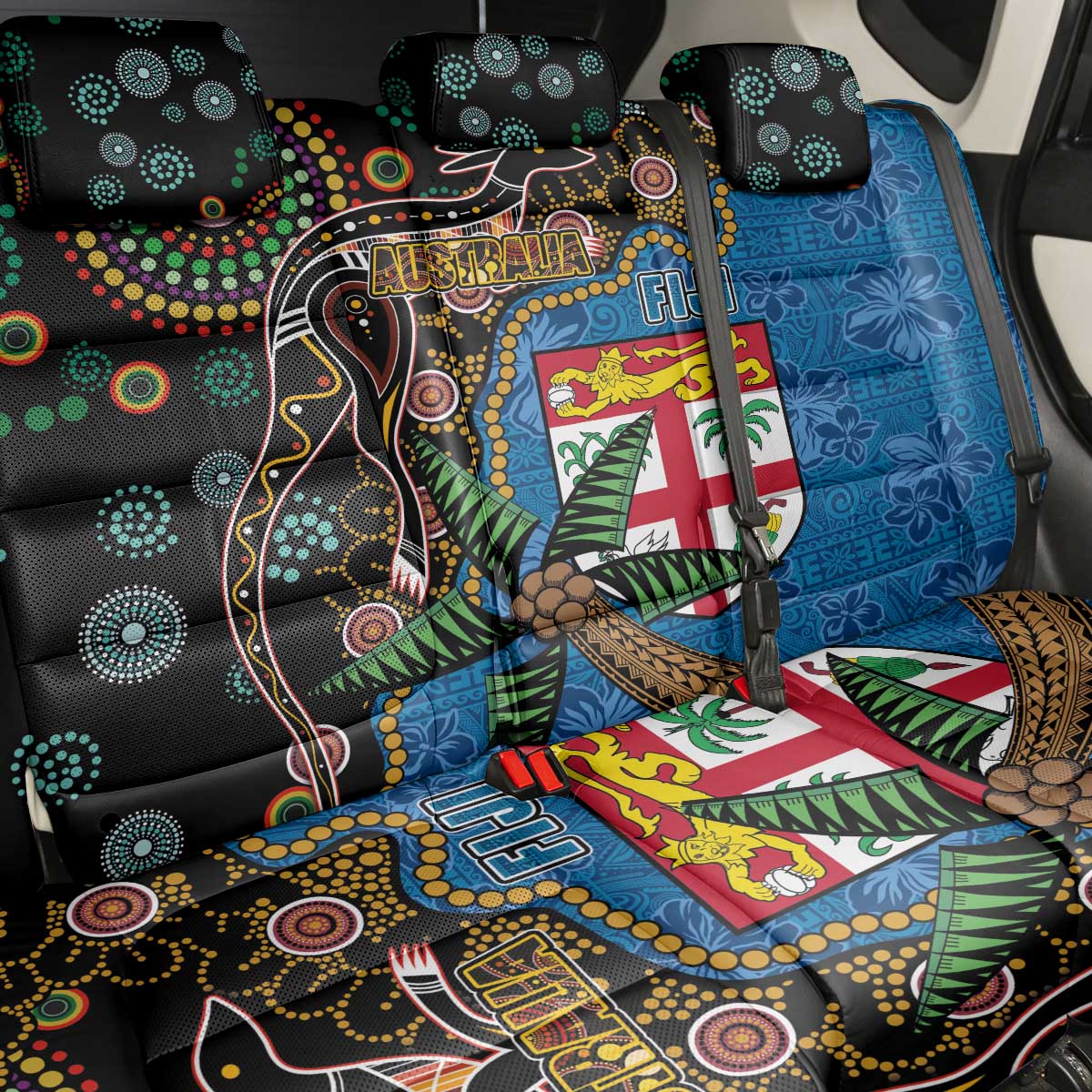 Fijian and Australian Culture Together Back Car Seat Cover Aboriginal Art and Tapa Motifs with Kangaroo and Palm Tree - Polynesian Pride