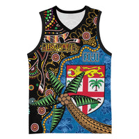 Fijian and Australian Culture Together Basketball Jersey Aboriginal Art and Tapa Motifs with Kangaroo and Palm Tree LT03 Unisex Black - Polynesian Pride