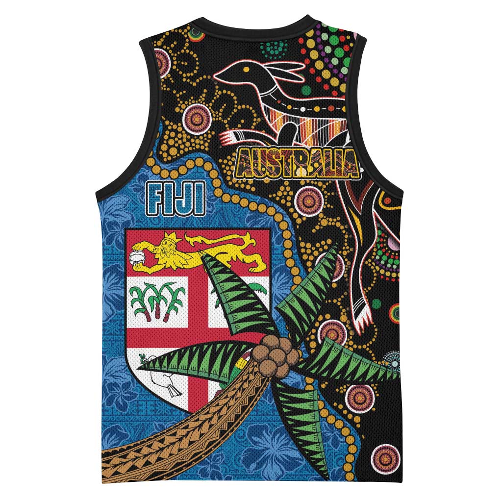 Fijian and Australian Culture Together Basketball Jersey Aboriginal Art and Tapa Motifs with Kangaroo and Palm Tree LT03 - Polynesian Pride