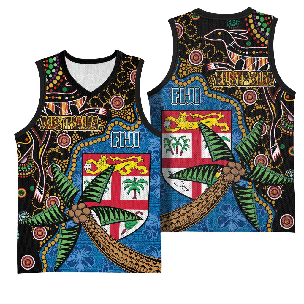 Fijian and Australian Culture Together Basketball Jersey Aboriginal Art and Tapa Motifs with Kangaroo and Palm Tree LT03 - Polynesian Pride