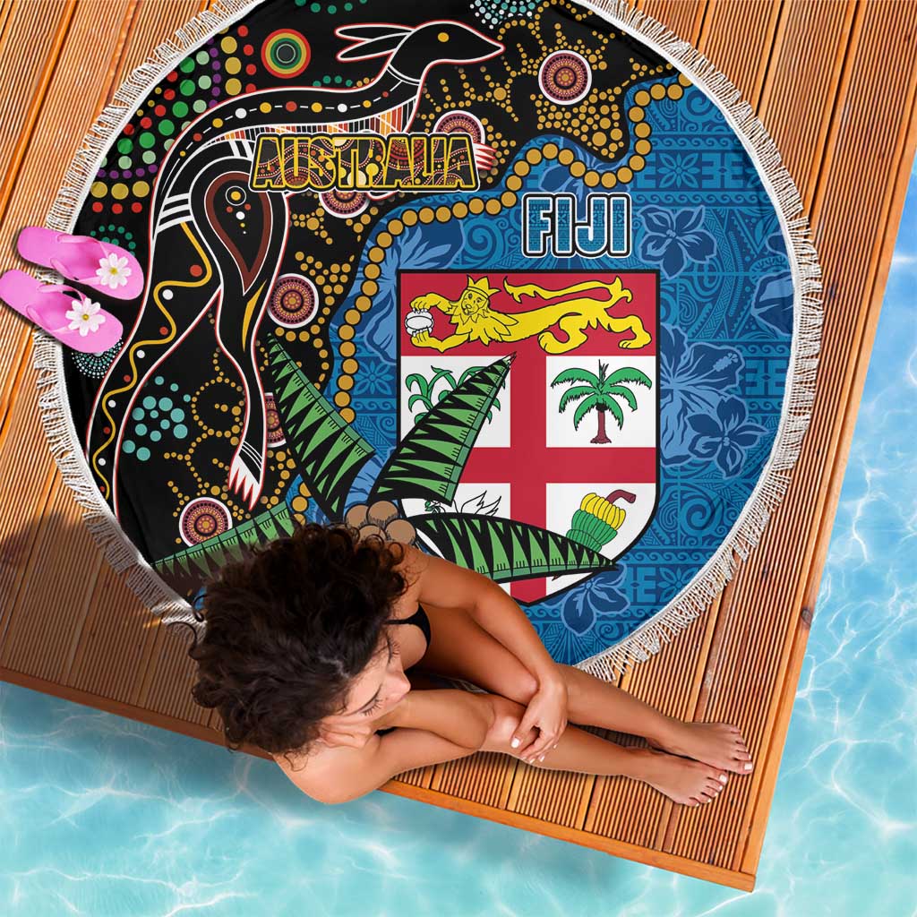 Fijian and Australian Culture Together Beach Blanket Aboriginal Art and Tapa Motifs with Kangaroo and Palm Tree - Polynesian Pride