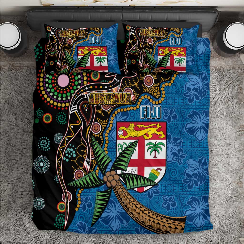 Fijian and Australian Culture Together Bedding Set Aboriginal Art and Tapa Motifs with Kangaroo and Palm Tree - Polynesian Pride