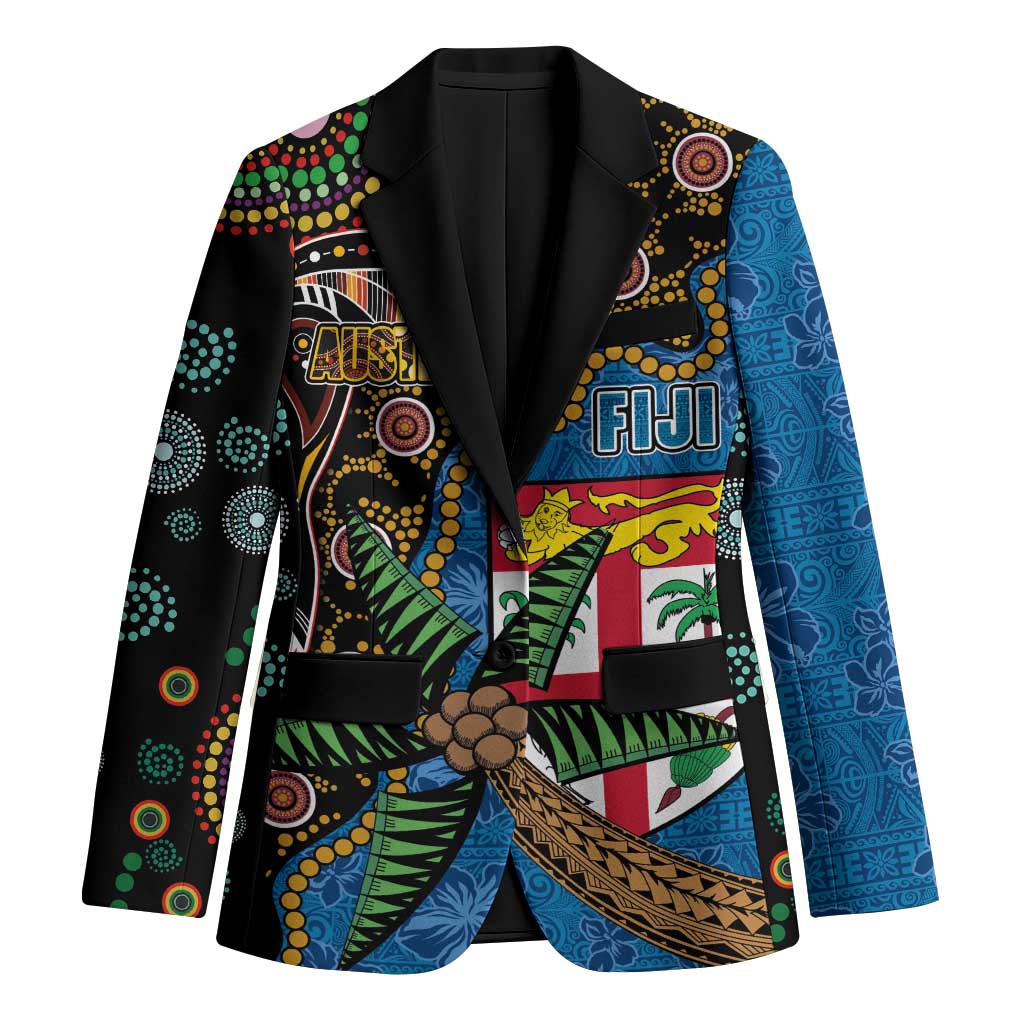 Fijian and Australian Culture Together Blazer Aboriginal Art and Tapa Motifs with Kangaroo and Palm Tree - Polynesian Pride