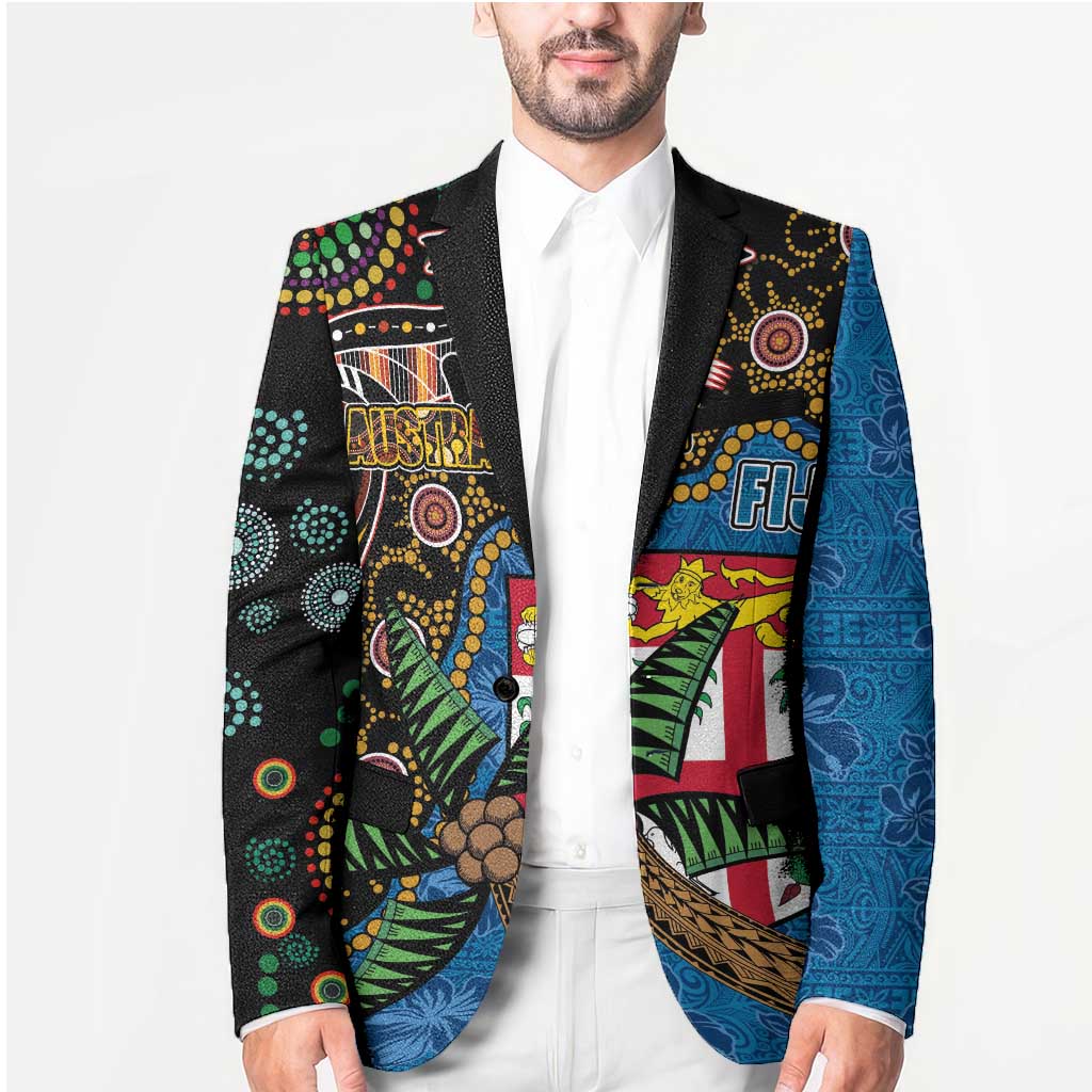 Fijian and Australian Culture Together Blazer Aboriginal Art and Tapa Motifs with Kangaroo and Palm Tree - Polynesian Pride