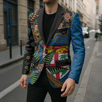 Fijian and Australian Culture Together Blazer Aboriginal Art and Tapa Motifs with Kangaroo and Palm Tree - Polynesian Pride