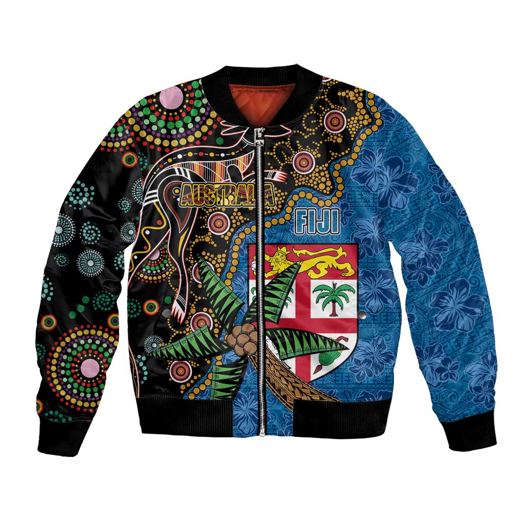 Fijian and Australian Culture Together Bomber Jacket Aboriginal Art and Tapa Motifs with Kangaroo and Palm Tree - Polynesian Pride