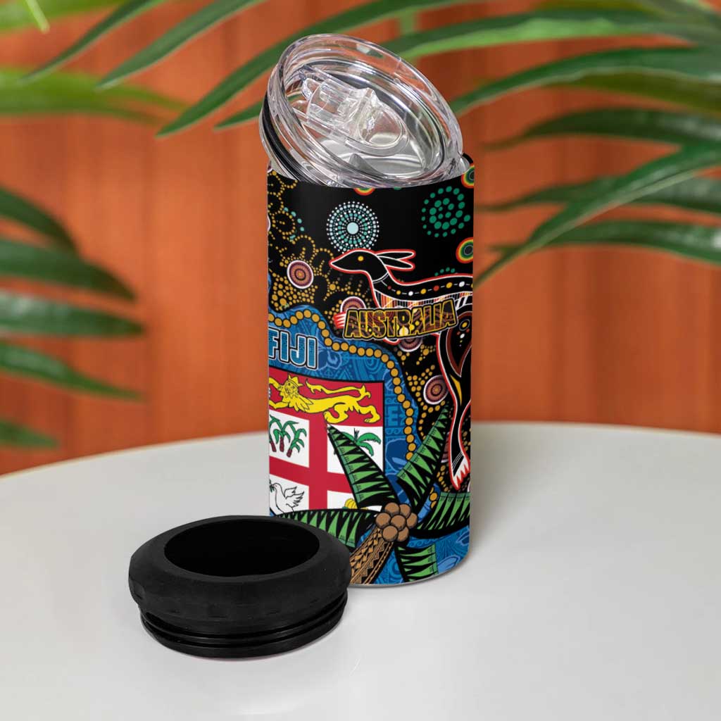 Fijian and Australian Culture Together 4 in 1 Can Cooler Tumbler Aboriginal Art and Tapa Motifs with Kangaroo and Palm Tree - Polynesian Pride