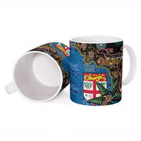 Fijian and Australian Culture Together Ceramic Mug Aboriginal Art and Tapa Motifs with Kangaroo and Palm Tree - Polynesian Pride