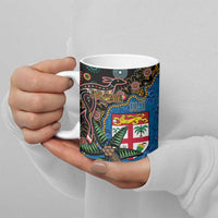Fijian and Australian Culture Together Ceramic Mug Aboriginal Art and Tapa Motifs with Kangaroo and Palm Tree - Polynesian Pride