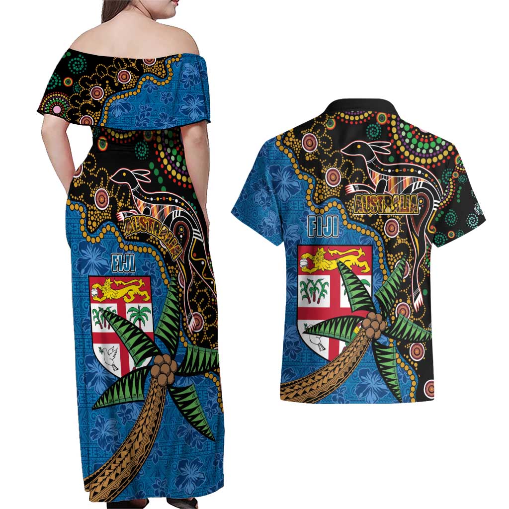 Fijian and Australian Culture Together Couples Matching Off Shoulder Maxi Dress and Hawaiian Shirt Aboriginal Art and Tapa Motifs with Kangaroo and Palm Tree - Polynesian Pride